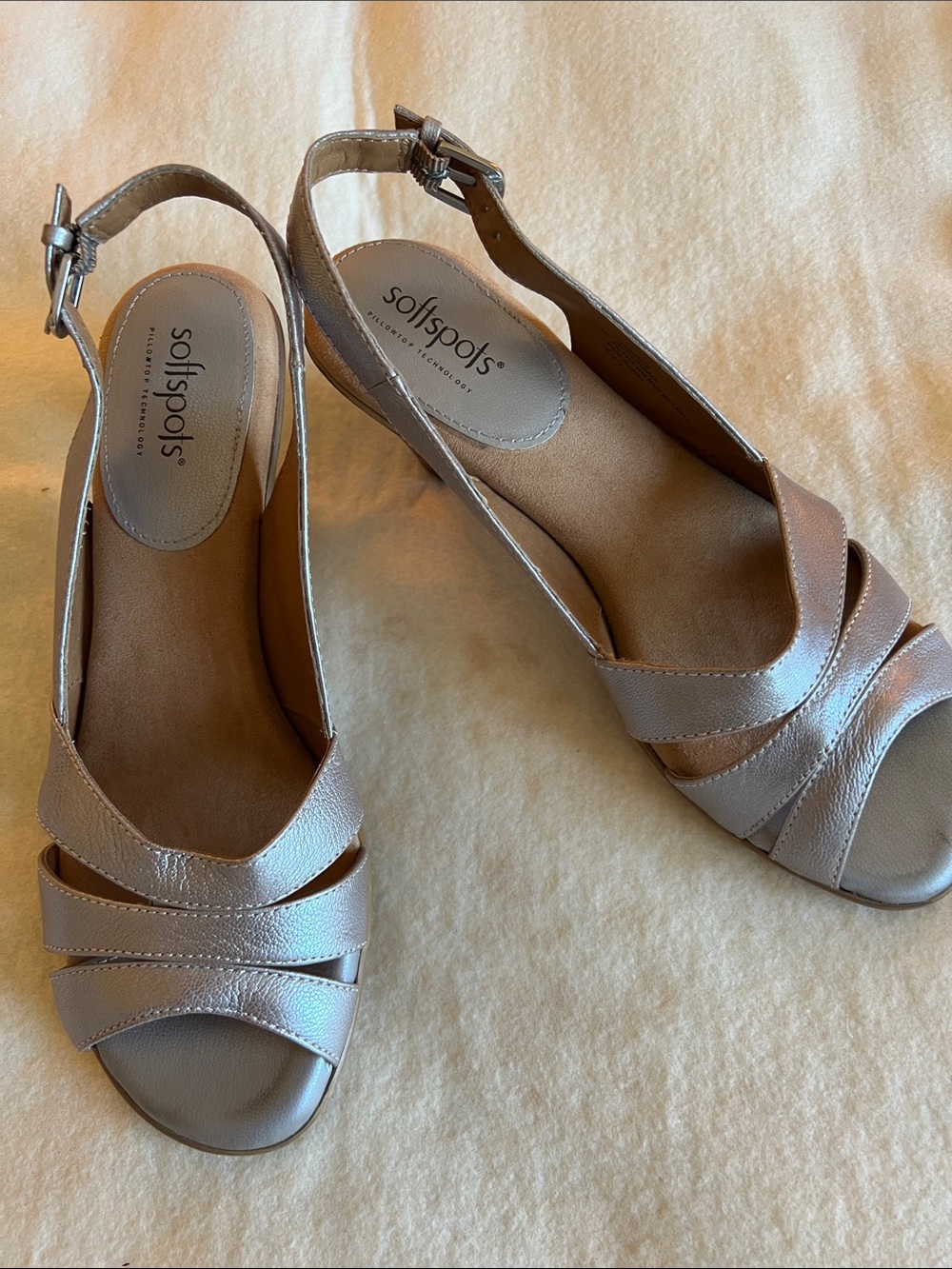 Softspots Metallic Silvery Taupe Peep-Toe Slingback Sandals - Women's